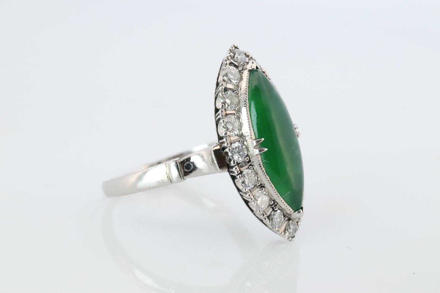 Jade shield ring. Platinum Shield Ring Jade Cabochon and Diamond wide band