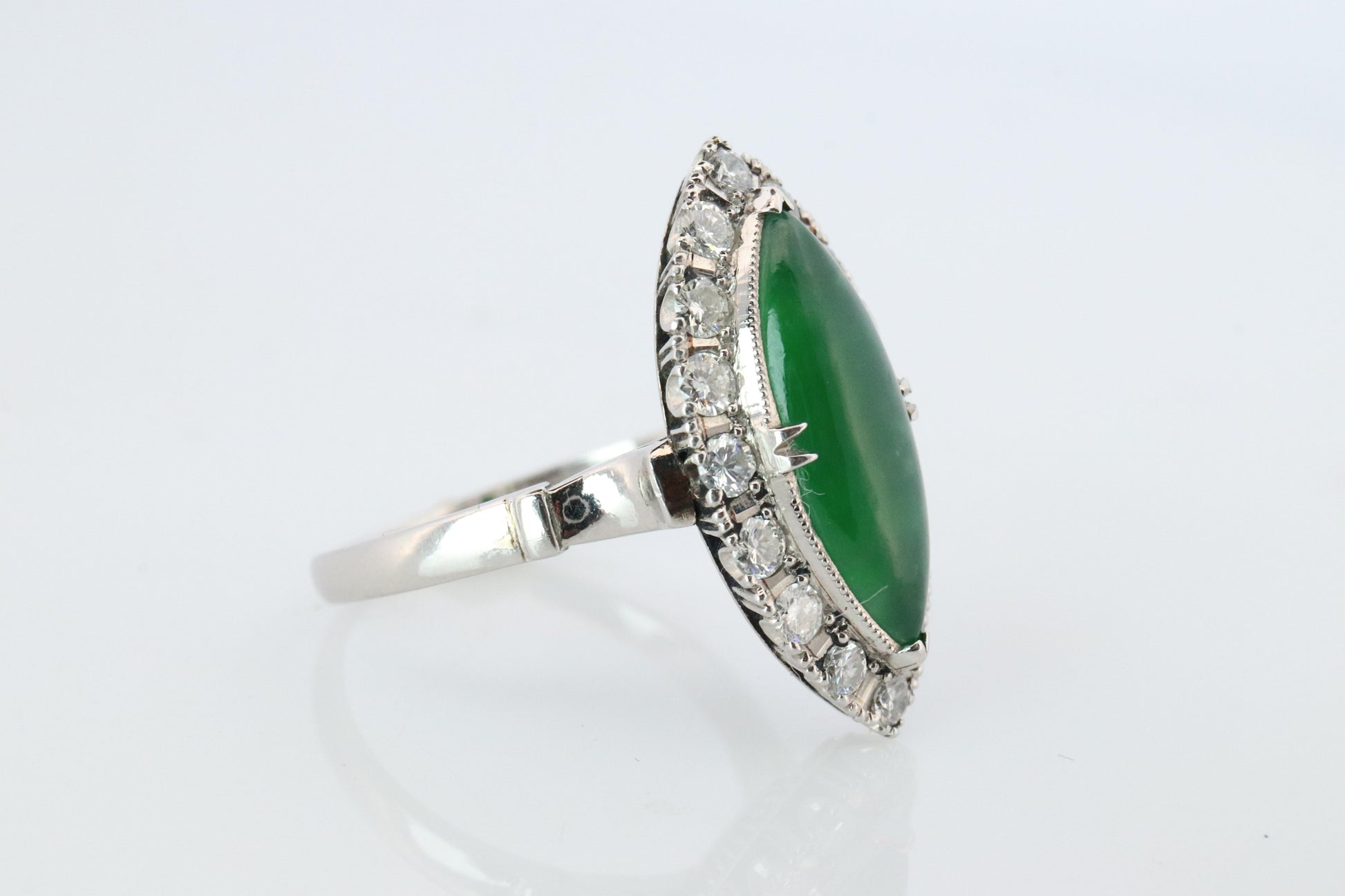Jade shield ring. Platinum Shield Ring Jade Cabochon and Diamond wide band