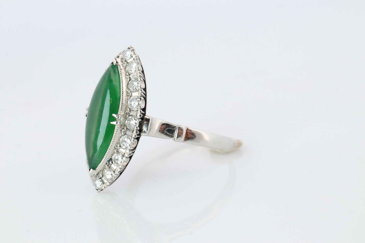Jade shield ring. Platinum Shield Ring Jade Cabochon and Diamond wide band