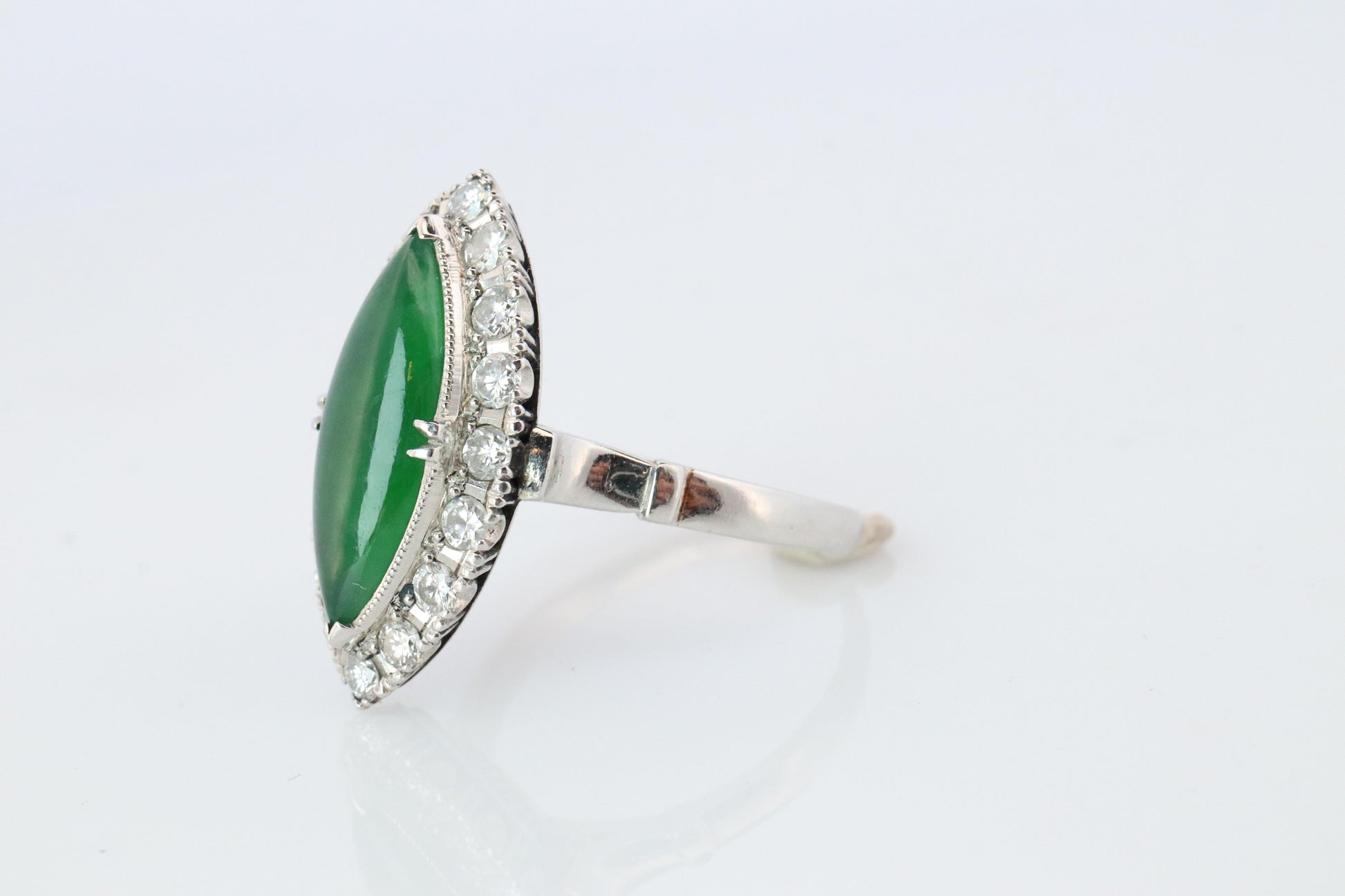 Jade shield ring. Platinum Shield Ring Jade Cabochon and Diamond wide band