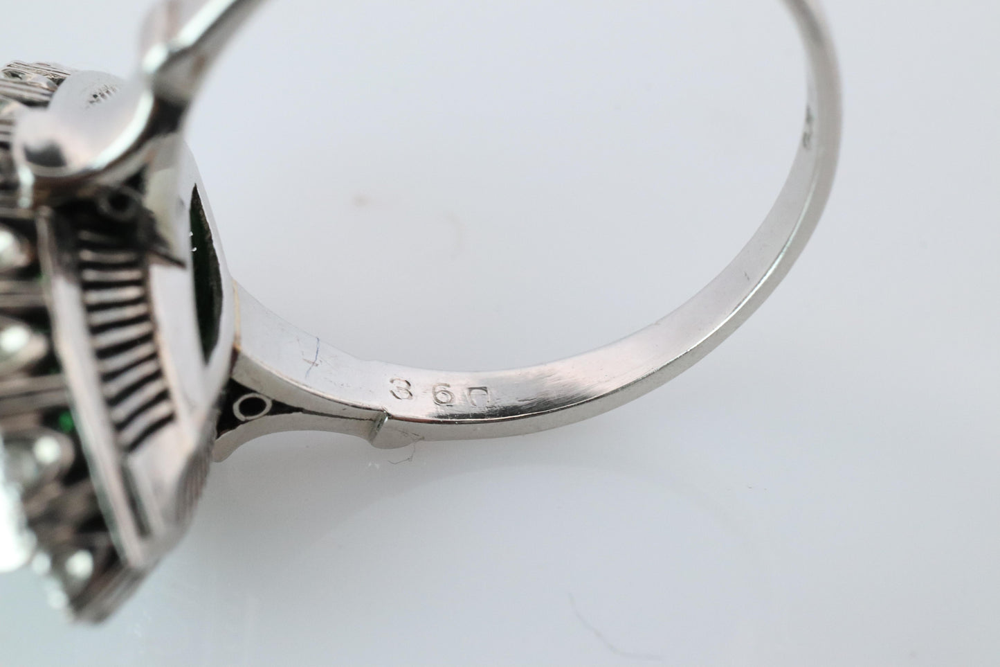 Jade shield ring. Platinum Shield Ring Jade Cabochon and Diamond wide band