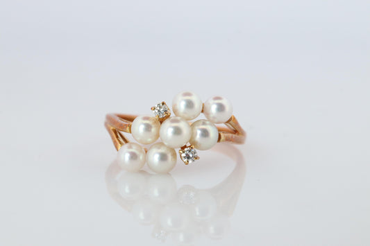 Mikimoto Ring. Vintage 18k Gold Mikimoto Pearl and Diamond Cluster. Vines Grapes