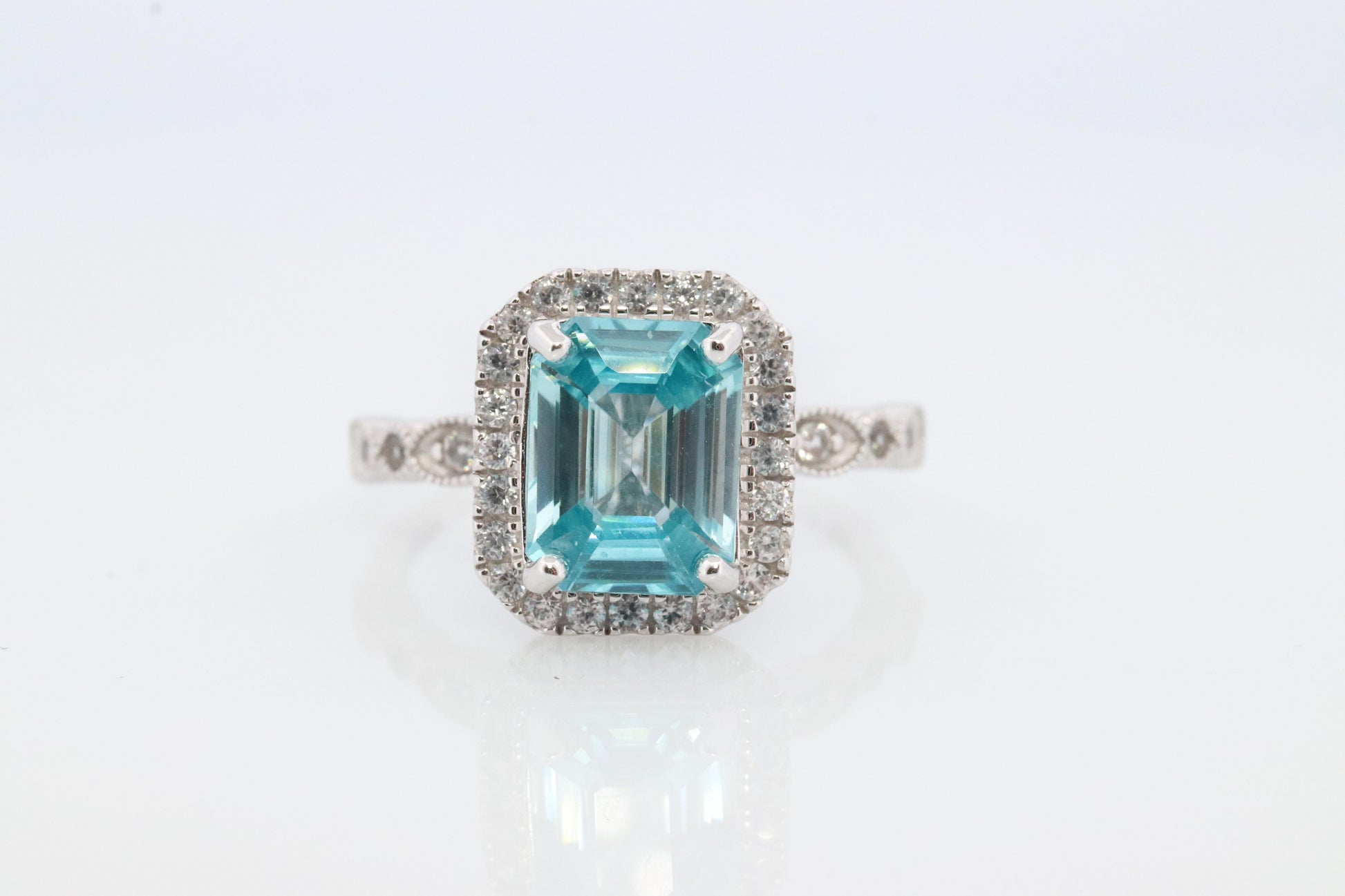 10k Blue Zircon and Diamond Halo ring. 10k Zircon CZ Halo ring.