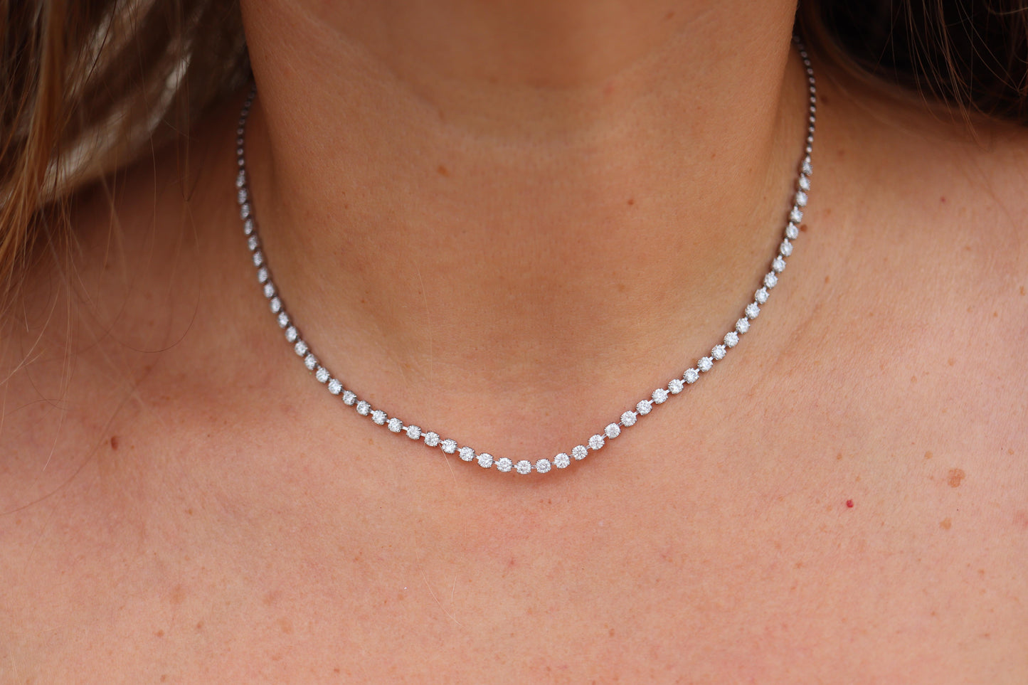 Platinum Diamond Tennis Necklace. PT850 round diamond Tennis Chain Strand. 3CTW
