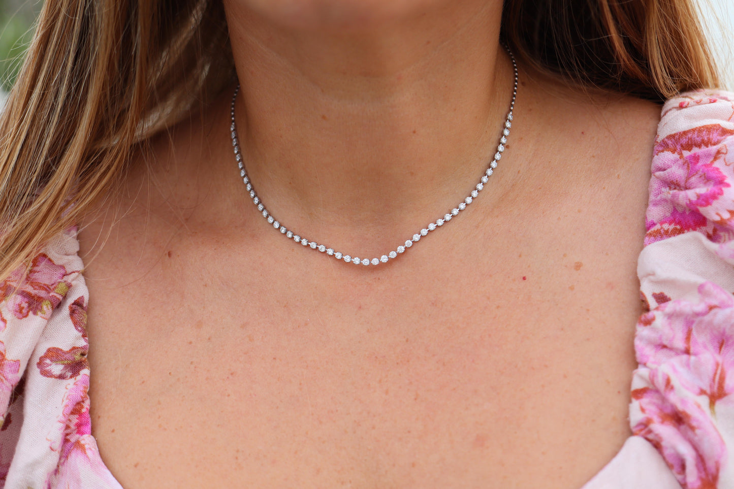 Platinum Diamond Tennis Necklace. PT850 round diamond Tennis Chain Strand. 3CTW