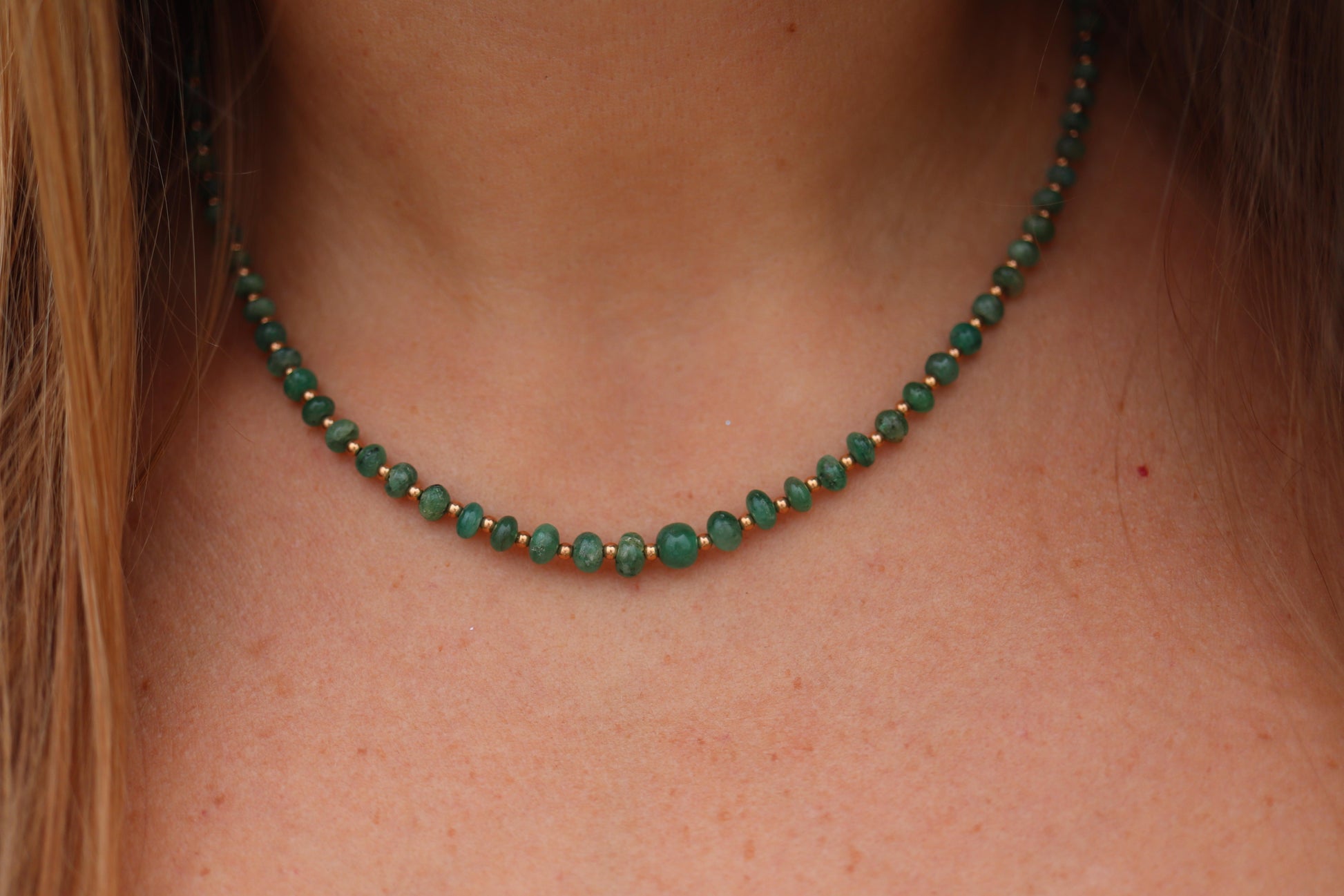 18k Emerald Bead Necklace. Emerald Bead Necklace strand.