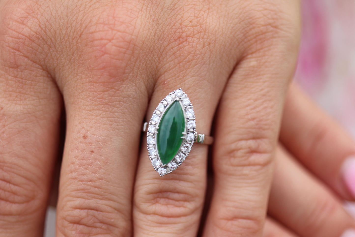 Jade shield ring. Platinum Shield Ring Jade Cabochon and Diamond wide band