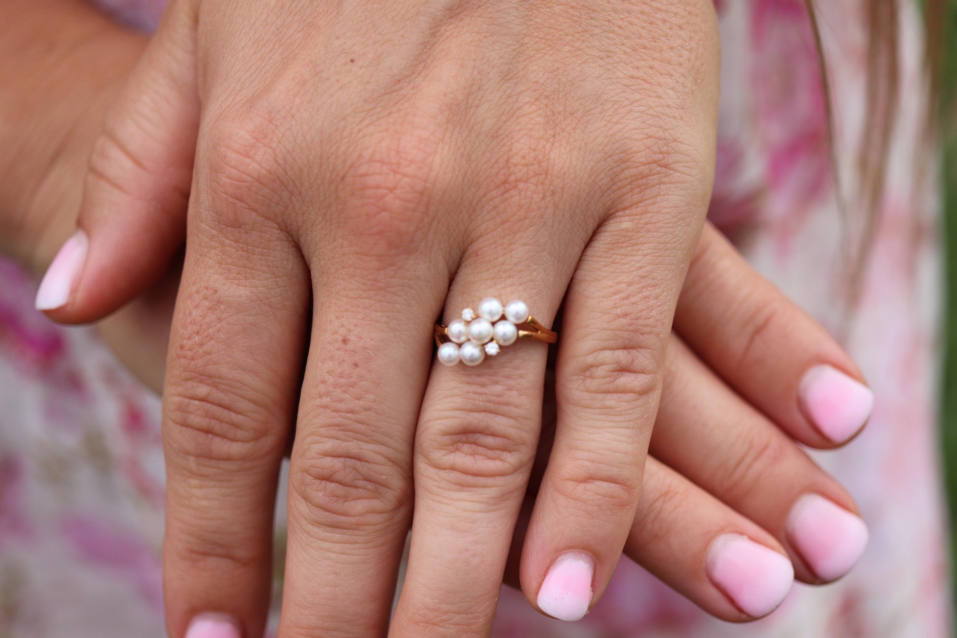 Mikimoto Ring. Vintage 18k Gold Mikimoto Pearl and Diamond Cluster. Vines Grapes