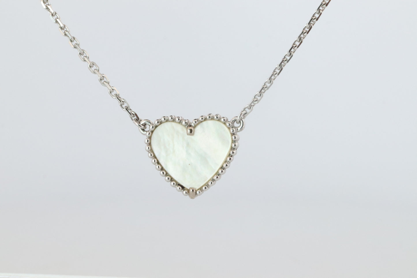 Van Cleef Arpels Lucky Alhambra Necklace. Genuine VCA 18k WG Shell Heart Pendant