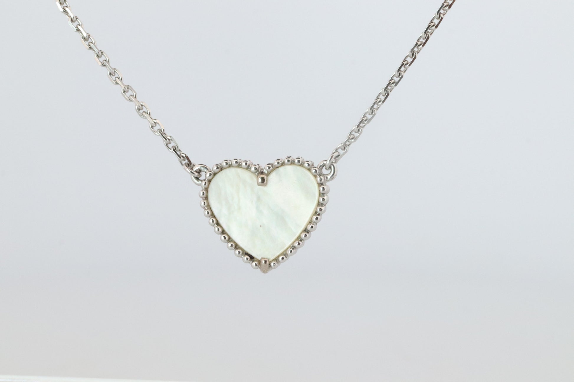 Van Cleef Arpels Lucky Alhambra Necklace. Genuine VCA 18k WG Shell Heart Pendant
