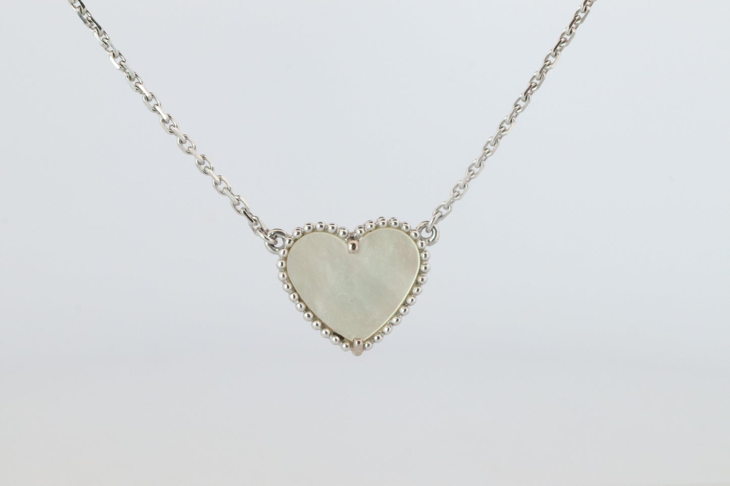 Van Cleef Arpels Lucky Alhambra Necklace. Genuine VCA 18k WG Shell Heart Pendant