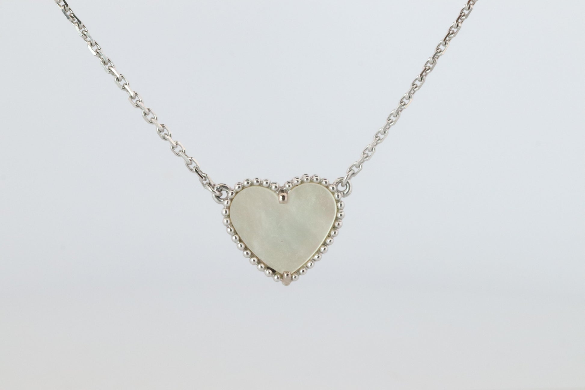 Van Cleef Arpels Lucky Alhambra Necklace. Genuine VCA 18k WG Shell Heart Pendant