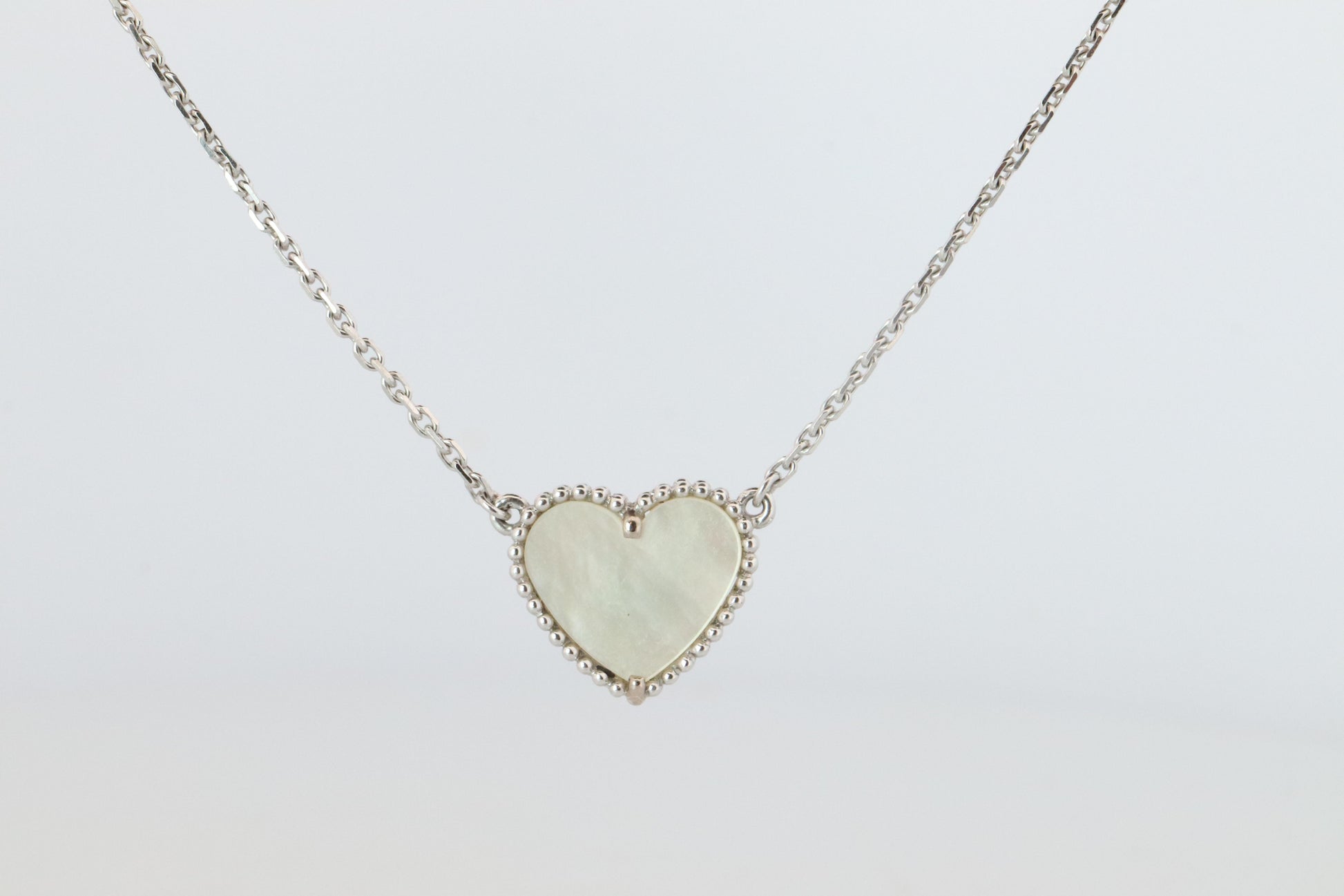 Van Cleef Arpels Lucky Alhambra Necklace. Genuine VCA 18k WG Shell Heart Pendant