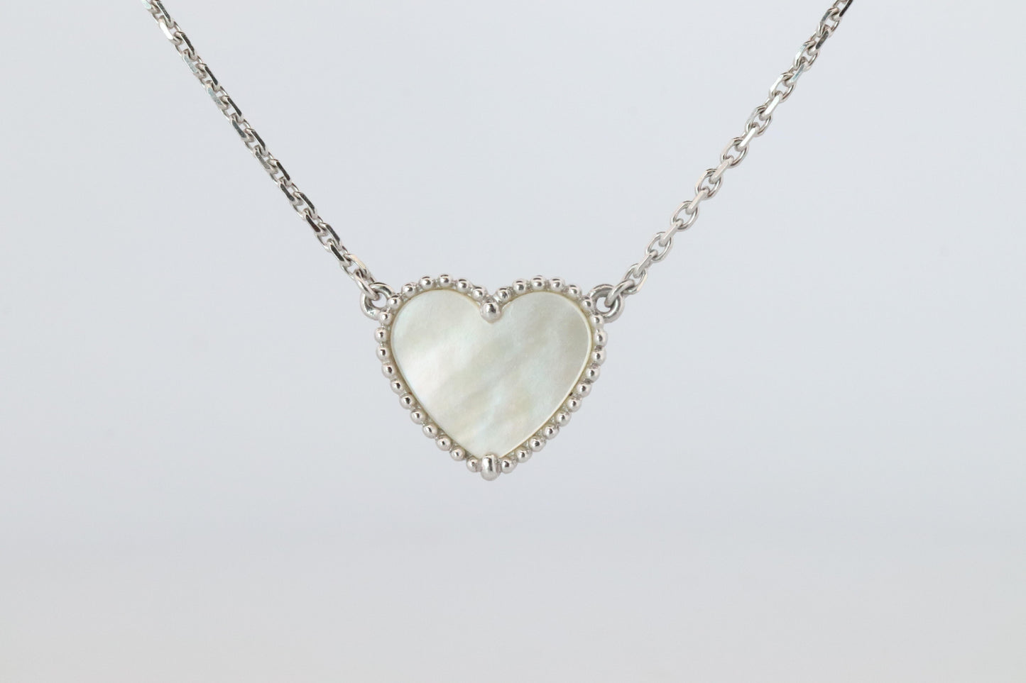 Van Cleef Arpels Lucky Alhambra Necklace. Genuine VCA 18k WG Shell Heart Pendant