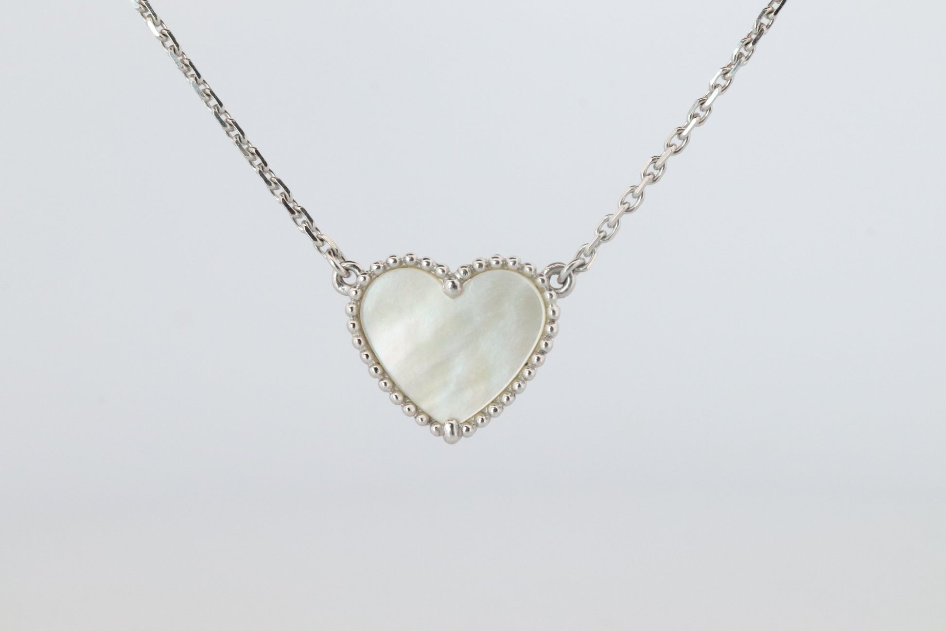 Van Cleef Arpels Lucky Alhambra Necklace. Genuine VCA 18k WG Shell Heart Pendant