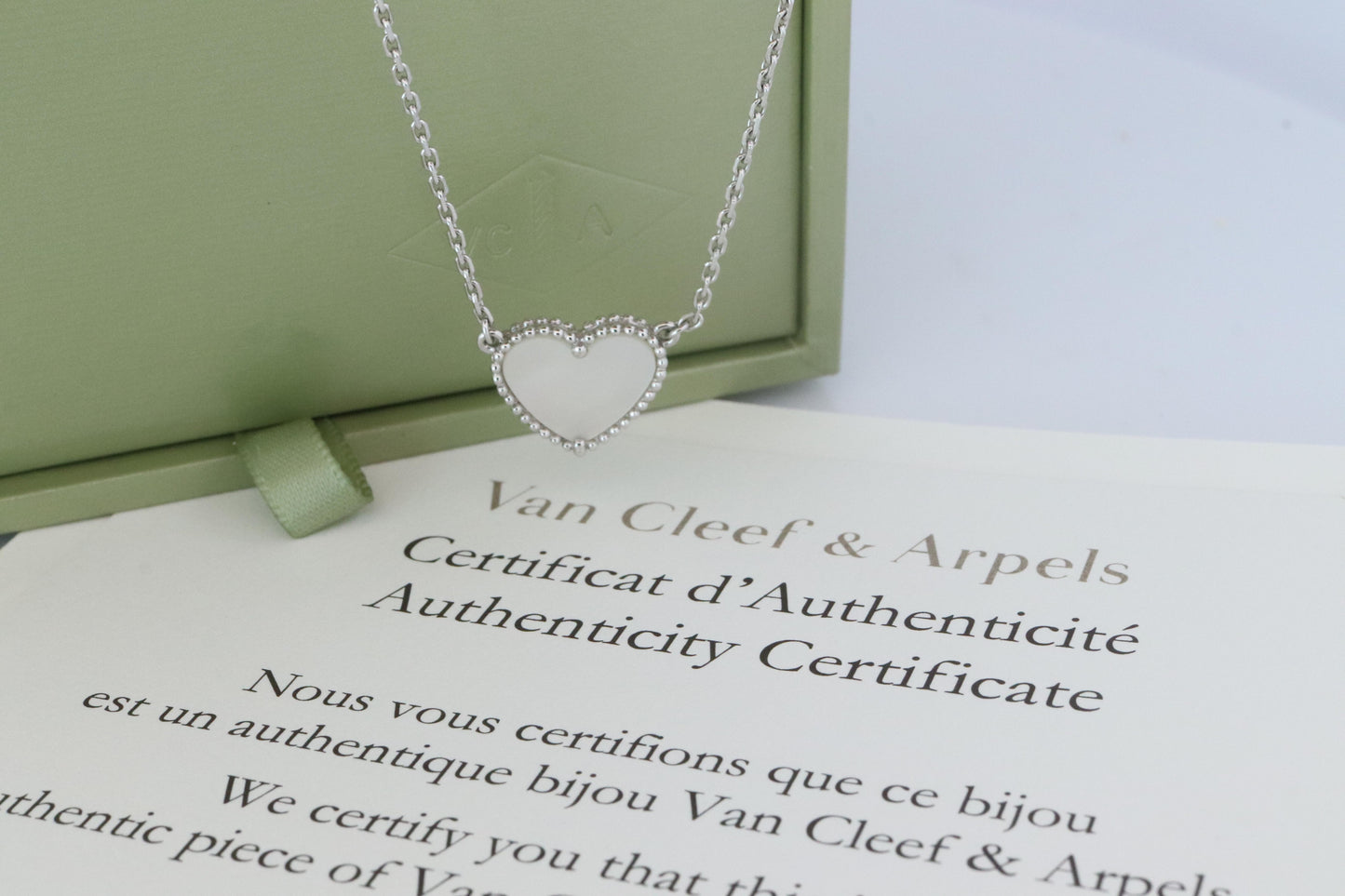 Van Cleef Arpels Lucky Alhambra Necklace. Genuine VCA 18k WG Shell Heart Pendant