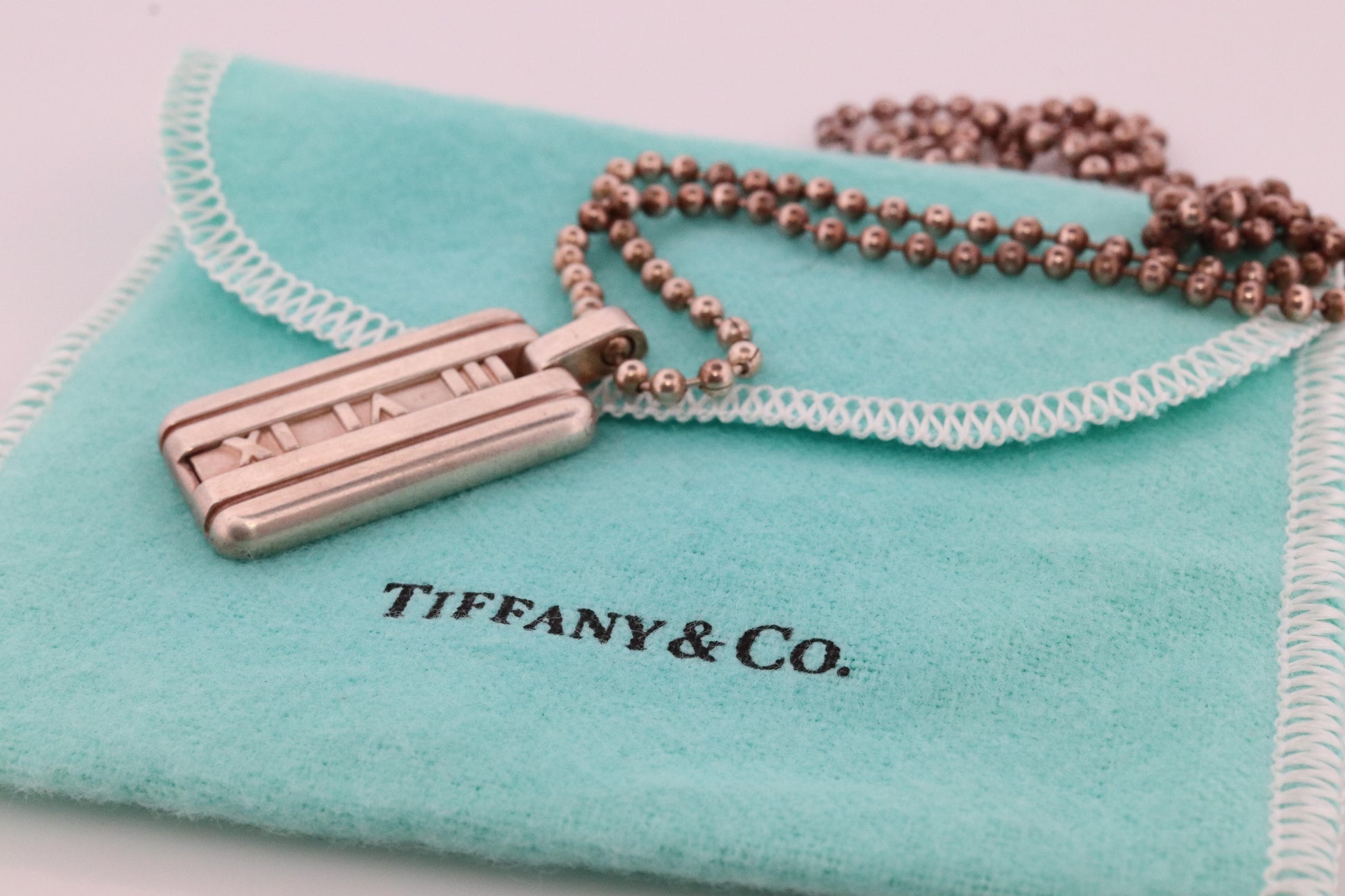 Tiffany and Co Atlas Pendant. Large Atlas Dogtag Roman Sterling Silver Necklace