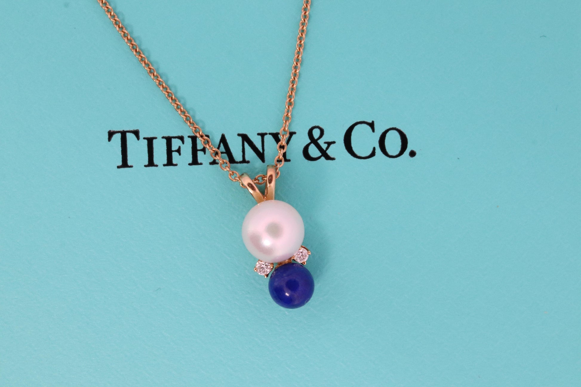 Tiffany and Co Pearl Diamond Lapis Pendant. 18k Tiffany Elsa Peretti Necklace