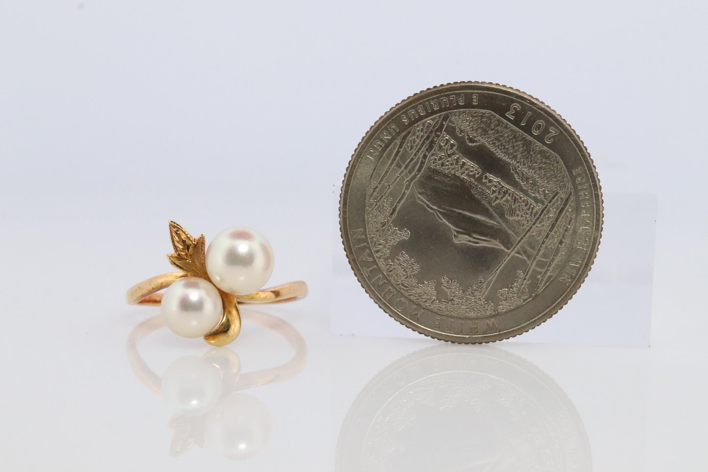 Mikimoto Ring. Vintage 18k Gold Mikimoto Pearl Cluster with Vines and Grapes