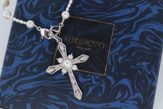 Mikimoto Pendant. Cross Crucifix Sterling Silver Pearl Necklace. Mikimoto Pearls