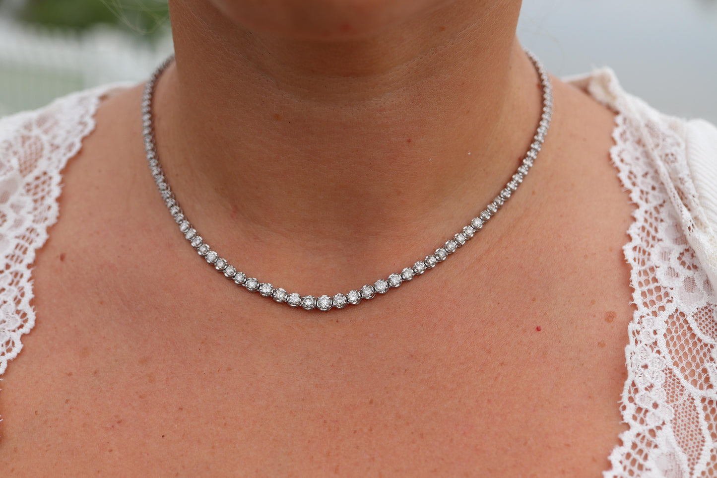 Platinum Diamond Tennis Necklace. PT850 round diamond Tennis Chain Strand. 5+CTW