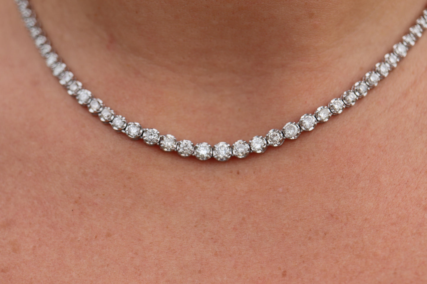 Platinum Diamond Tennis Necklace. PT850 round diamond Tennis Chain Strand. 5+CTW