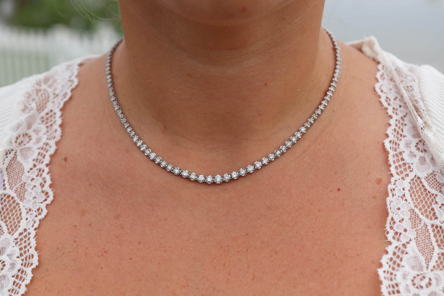 Platinum Diamond Tennis Necklace. PT850 round diamond Tennis Chain Strand. 5+CTW
