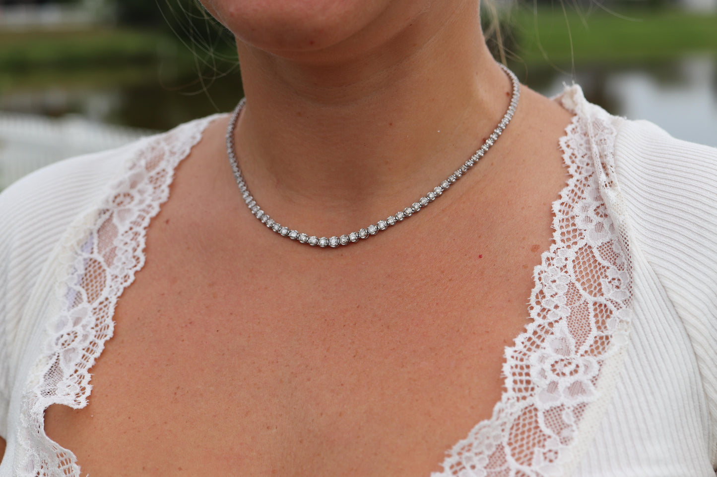 Platinum Diamond Tennis Necklace. PT850 round diamond Tennis Chain Strand. 5+CTW