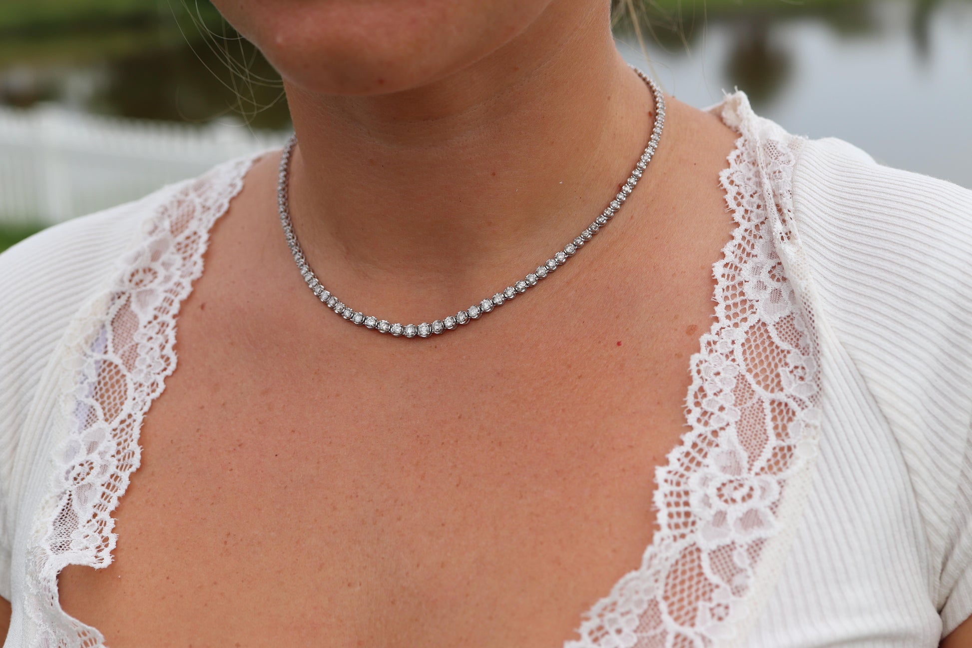 Platinum Diamond Tennis Necklace. PT850 round diamond Tennis Chain Strand. 5+CTW