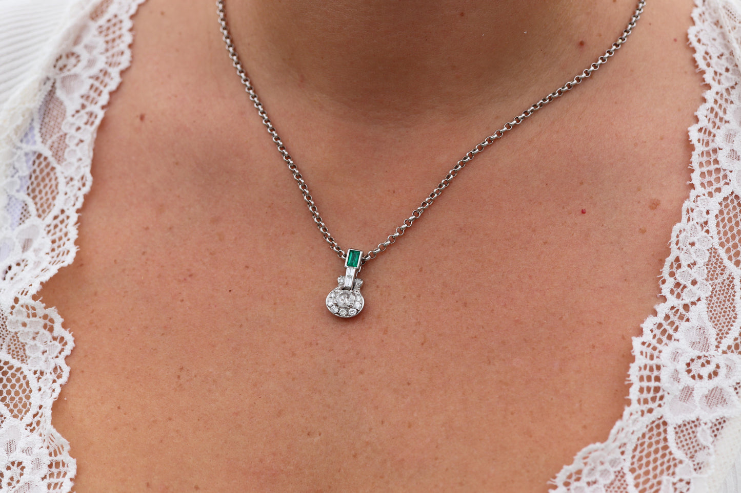 Platinum Emerald Pendant. Genuine Emerald and Diamond Door knocker PT900 Pendant