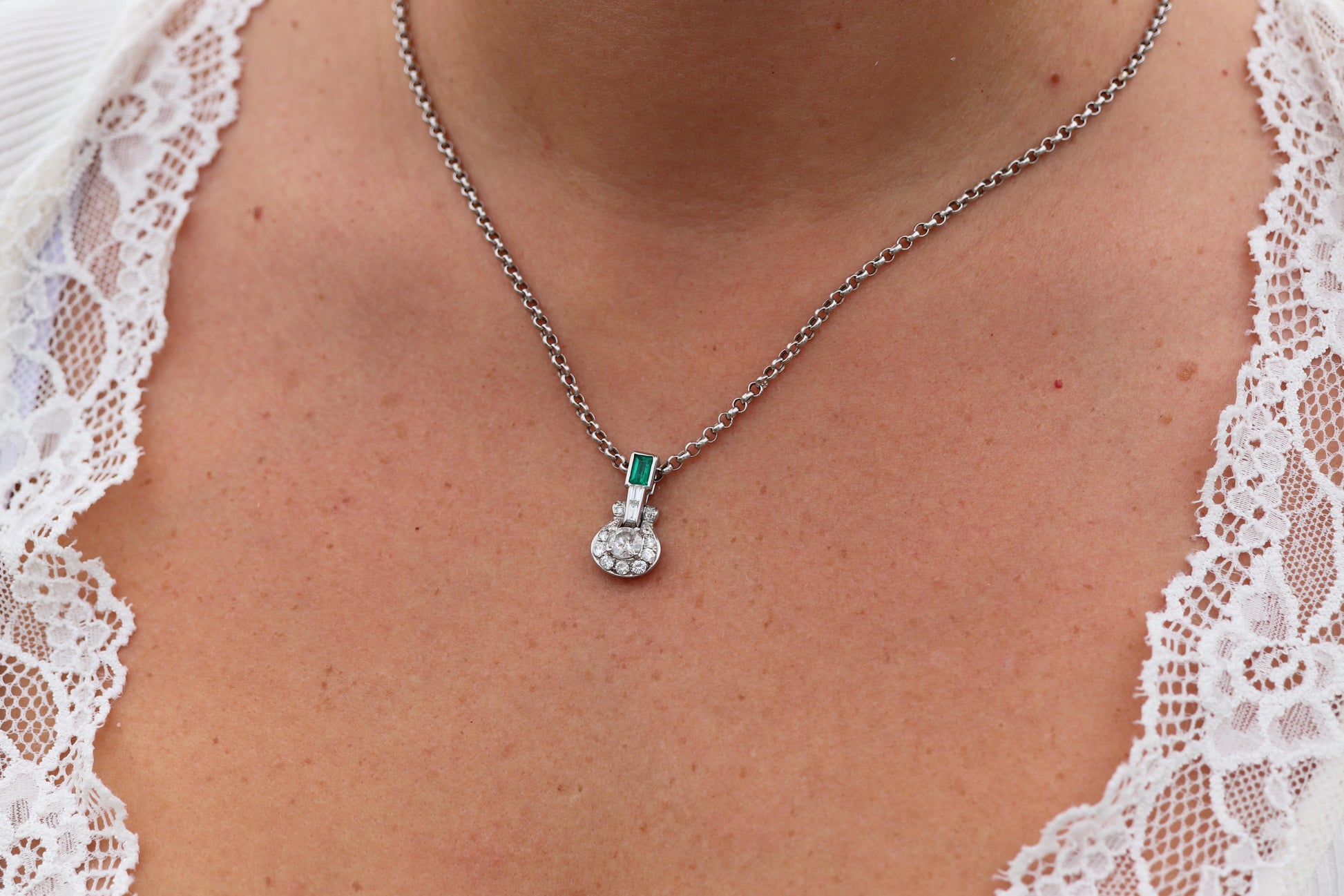 Platinum Emerald Pendant. Genuine Emerald and Diamond Door knocker PT900 Pendant