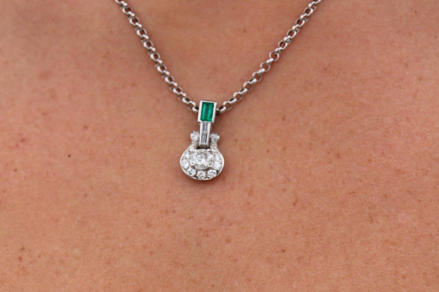Platinum Emerald Pendant. Genuine Emerald and Diamond Door knocker PT900 Pendant
