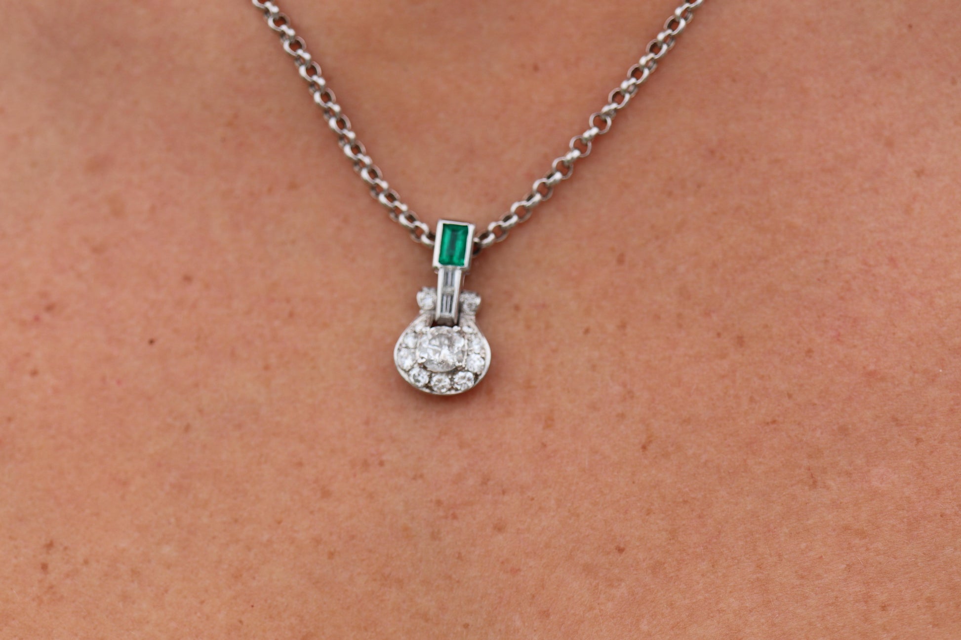 Platinum Emerald Pendant. Genuine Emerald and Diamond Door knocker PT900 Pendant