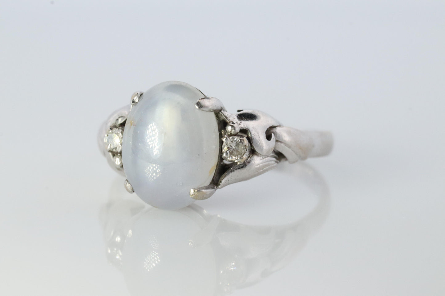 14k Gray Star Sapphire Natural Oval Cabochon ring. Gray Sapphire Diamond ring.