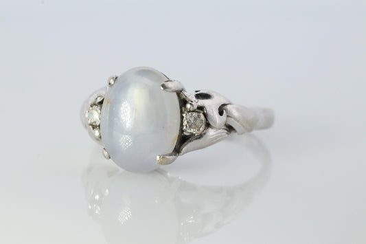 14k Gray Star Sapphire Natural Oval Cabochon ring. Gray Sapphire Diamond ring.