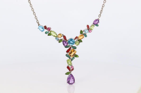 Multi Gem Layered Necklace. Multi-Color Gem Sterling Silver Cocktail Necklace.