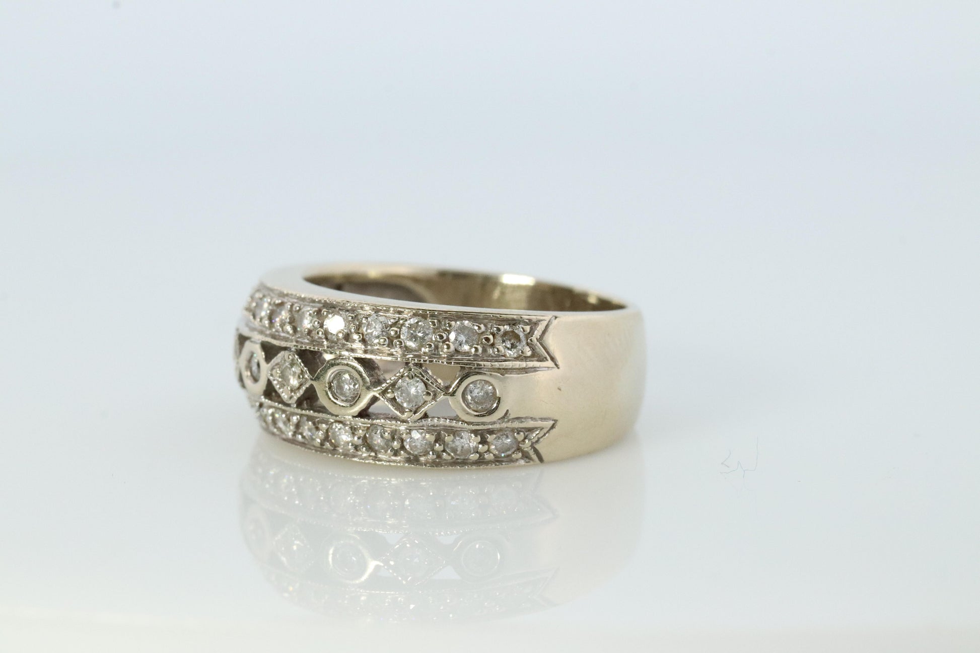 14k Diamond Dome band. Diamond Filigree Intricate Detail Open Cluster ring.