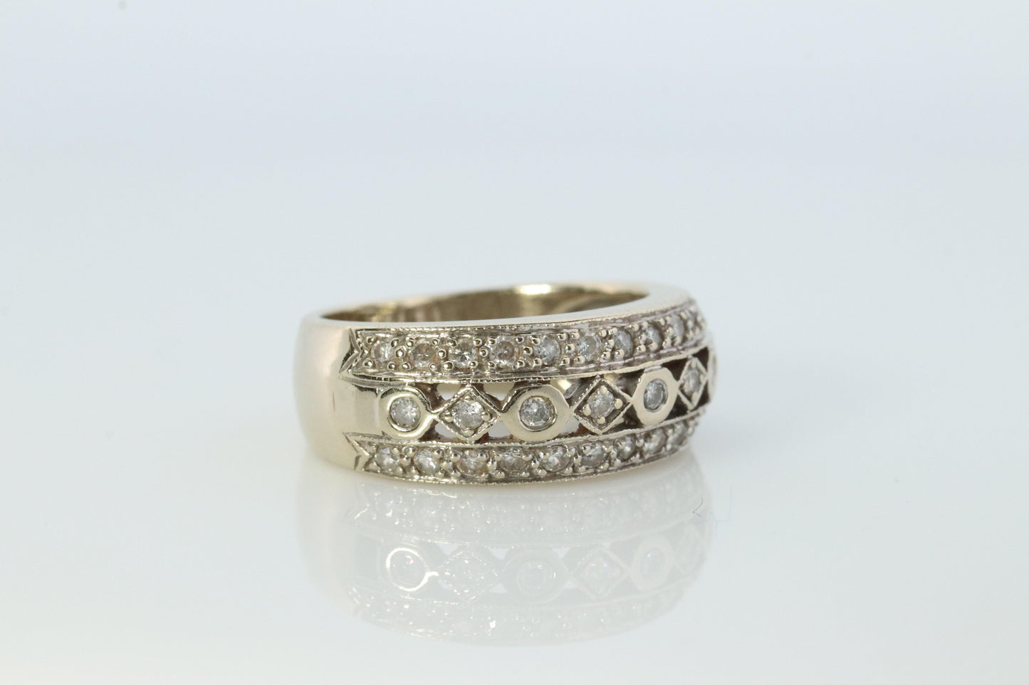 14k Diamond Dome band. Diamond Filigree Intricate Detail Open Cluster ring.