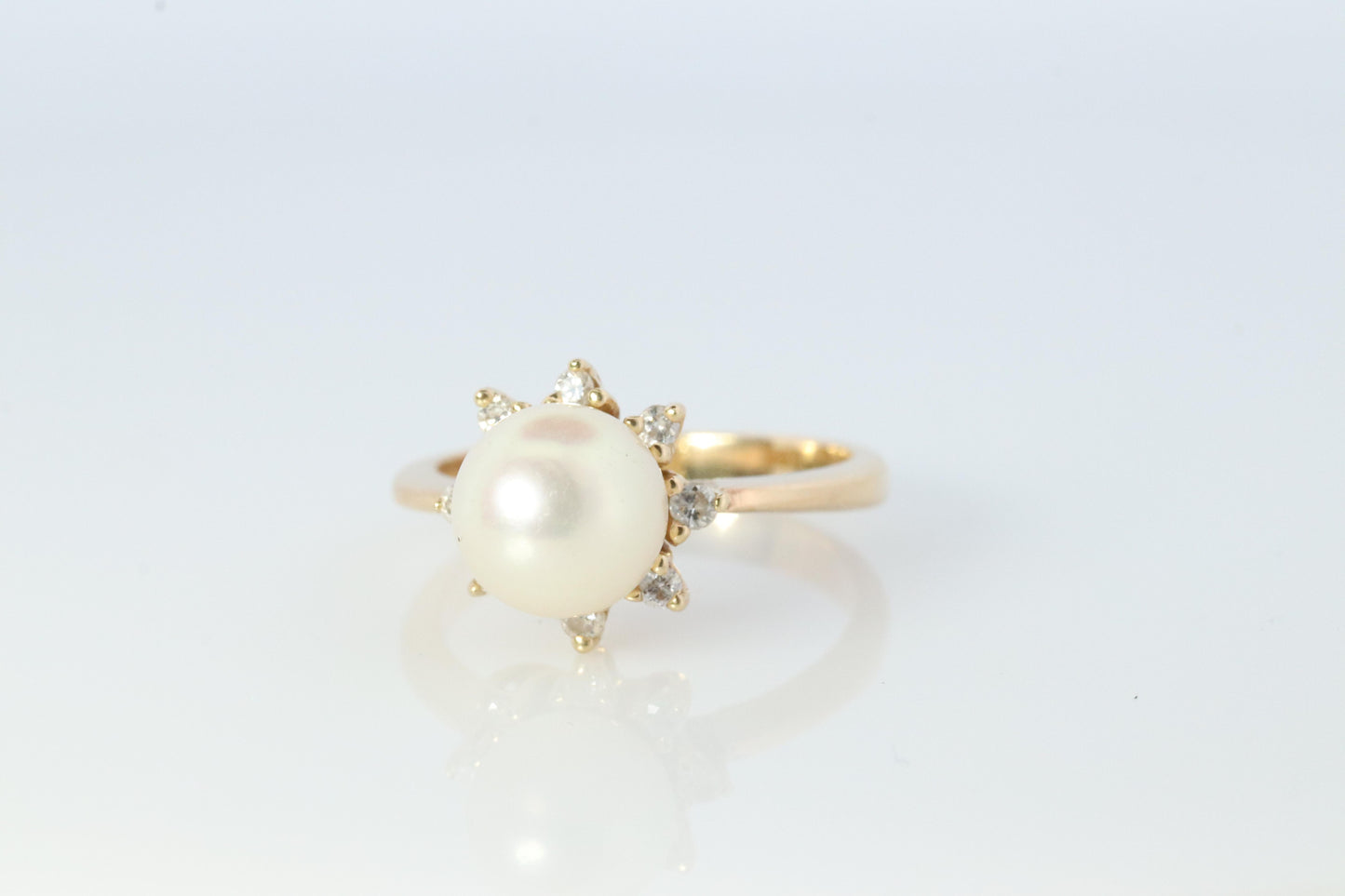 14k Pearl and Diamond Halo ring. 14k White gold Solitaire Halo ring with AKOYA