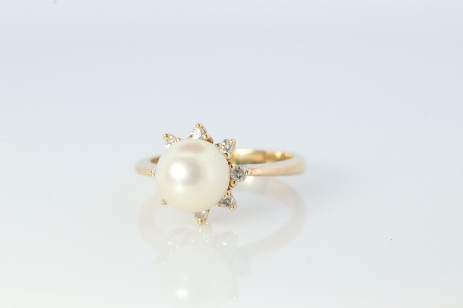 14k Pearl and Diamond Halo ring. 14k White gold Solitaire Halo ring with AKOYA