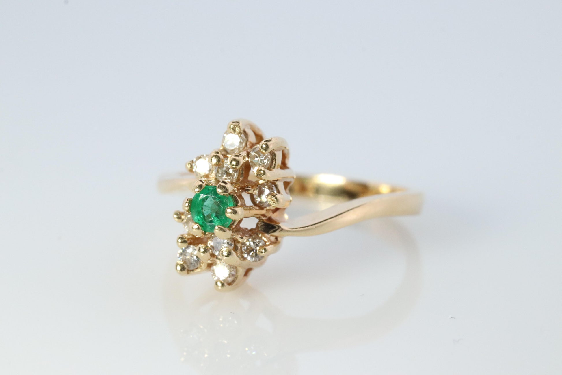 14k Emerald and Diamond Halo yellow gold ring. Emerald and Diamond Cluster ring.