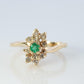 14k Emerald and Diamond Halo yellow gold ring. Emerald and Diamond Cluster ring.