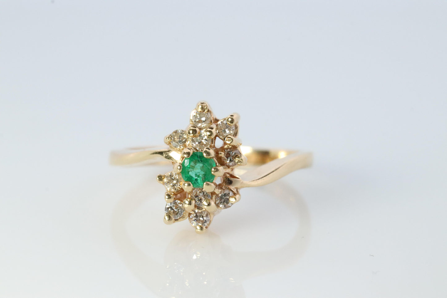 14k Emerald and Diamond Halo yellow gold ring. Emerald and Diamond Cluster ring.