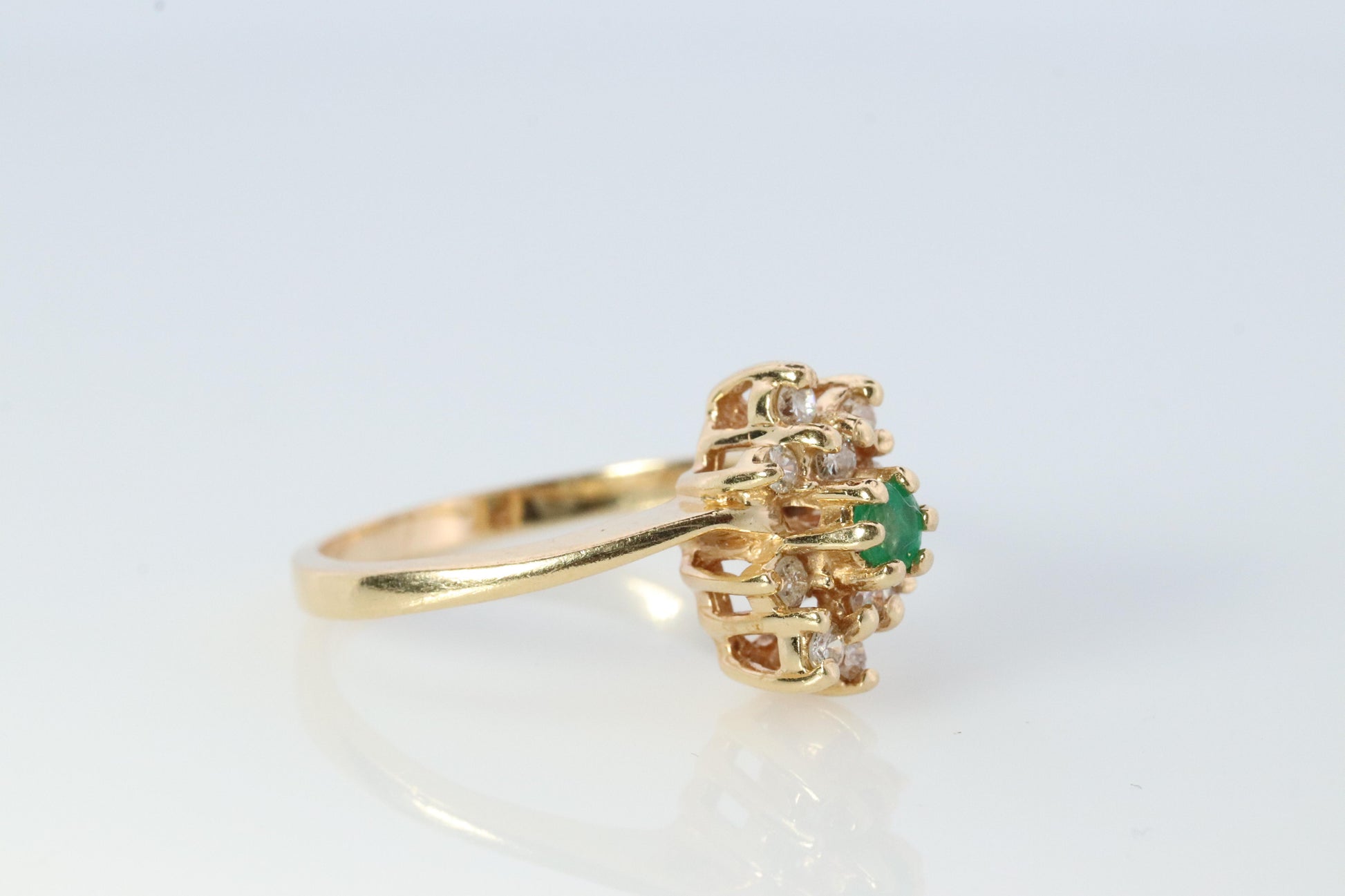 14k Emerald and Diamond Halo yellow gold ring. Emerald and Diamond Cluster ring.