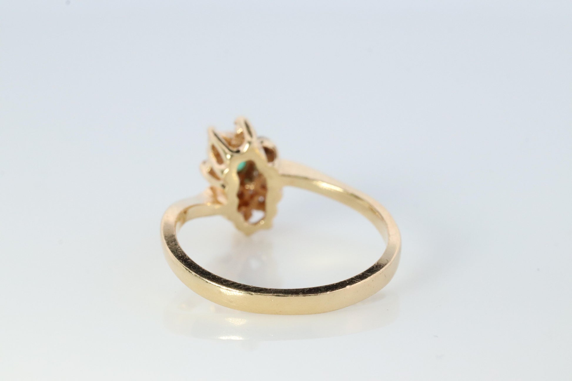 14k Emerald and Diamond Halo yellow gold ring. Emerald and Diamond Cluster ring.