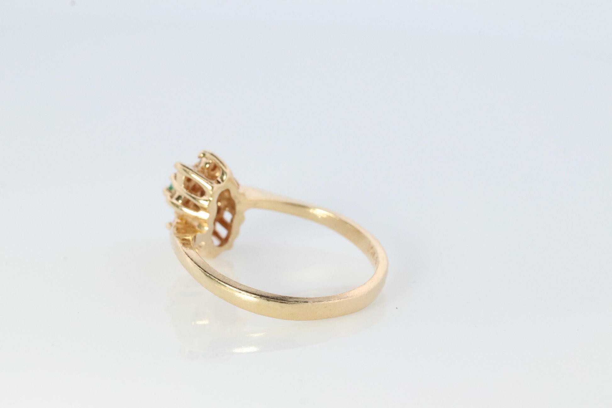 14k Emerald and Diamond Halo yellow gold ring. Emerald and Diamond Cluster ring.