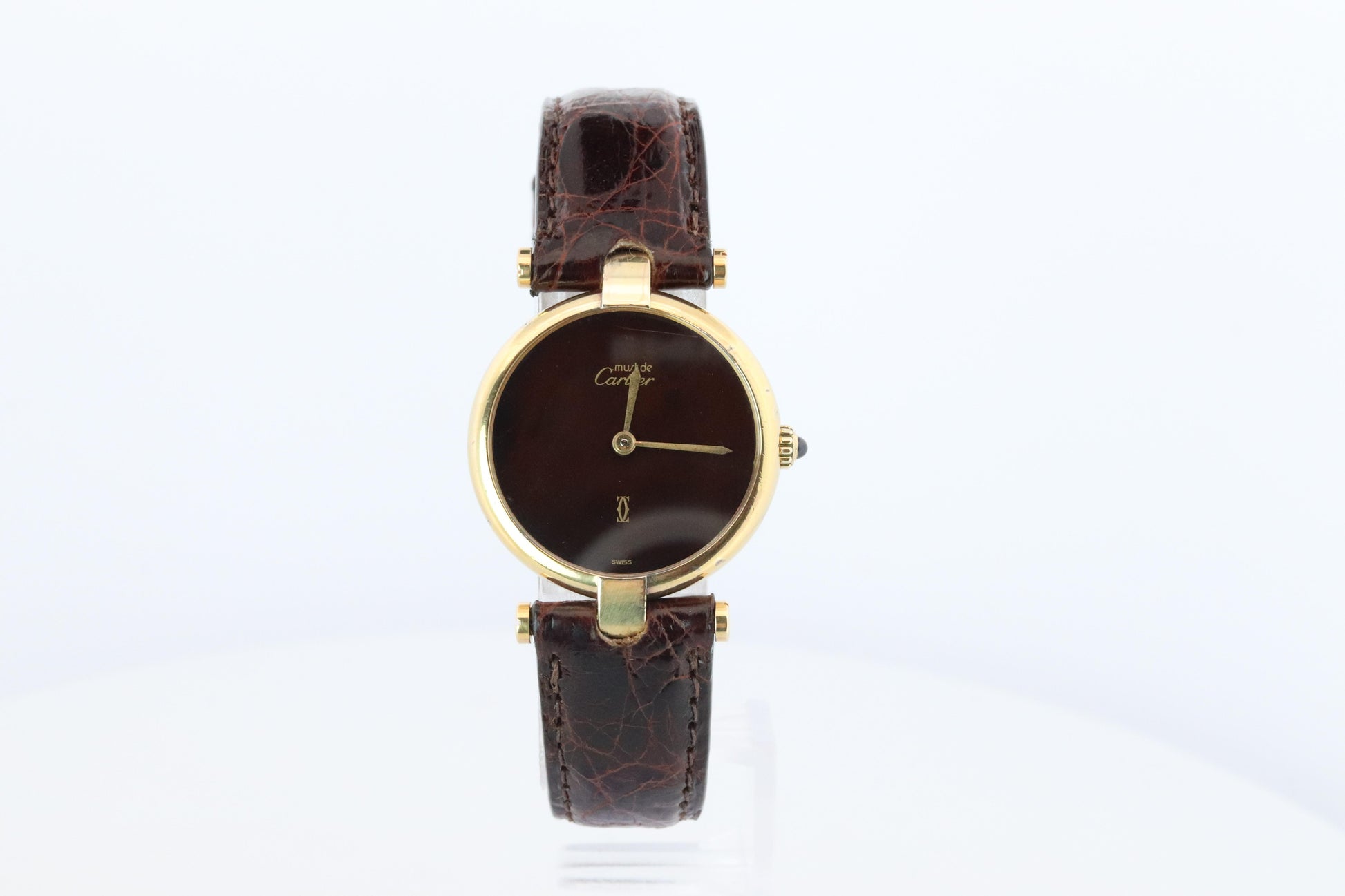 Genuine Cartier Watch. Must de Cartier Vendome Round Argent Vermeil Brown ladies