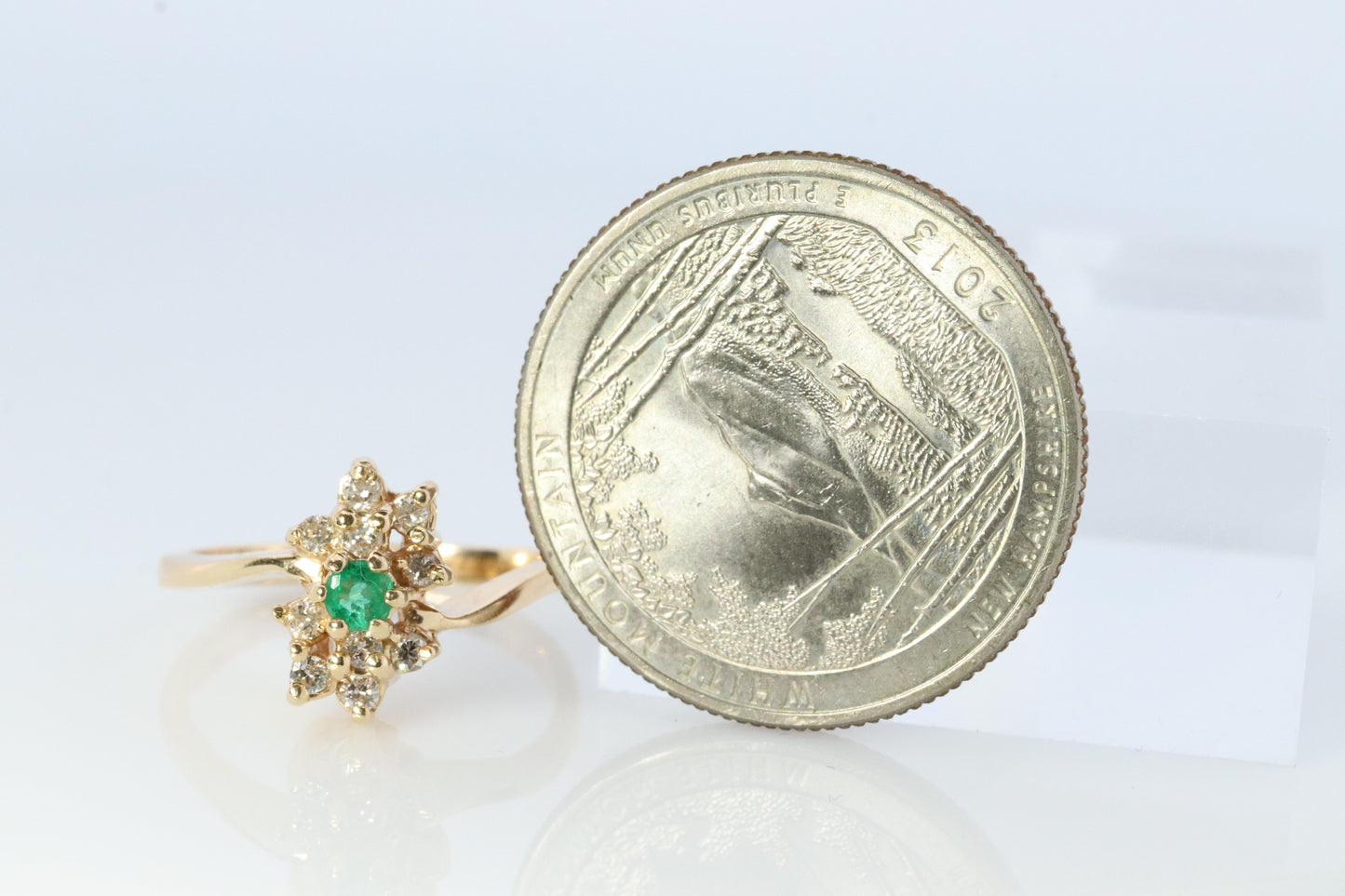 14k Emerald and Diamond Halo yellow gold ring. Emerald and Diamond Cluster ring.