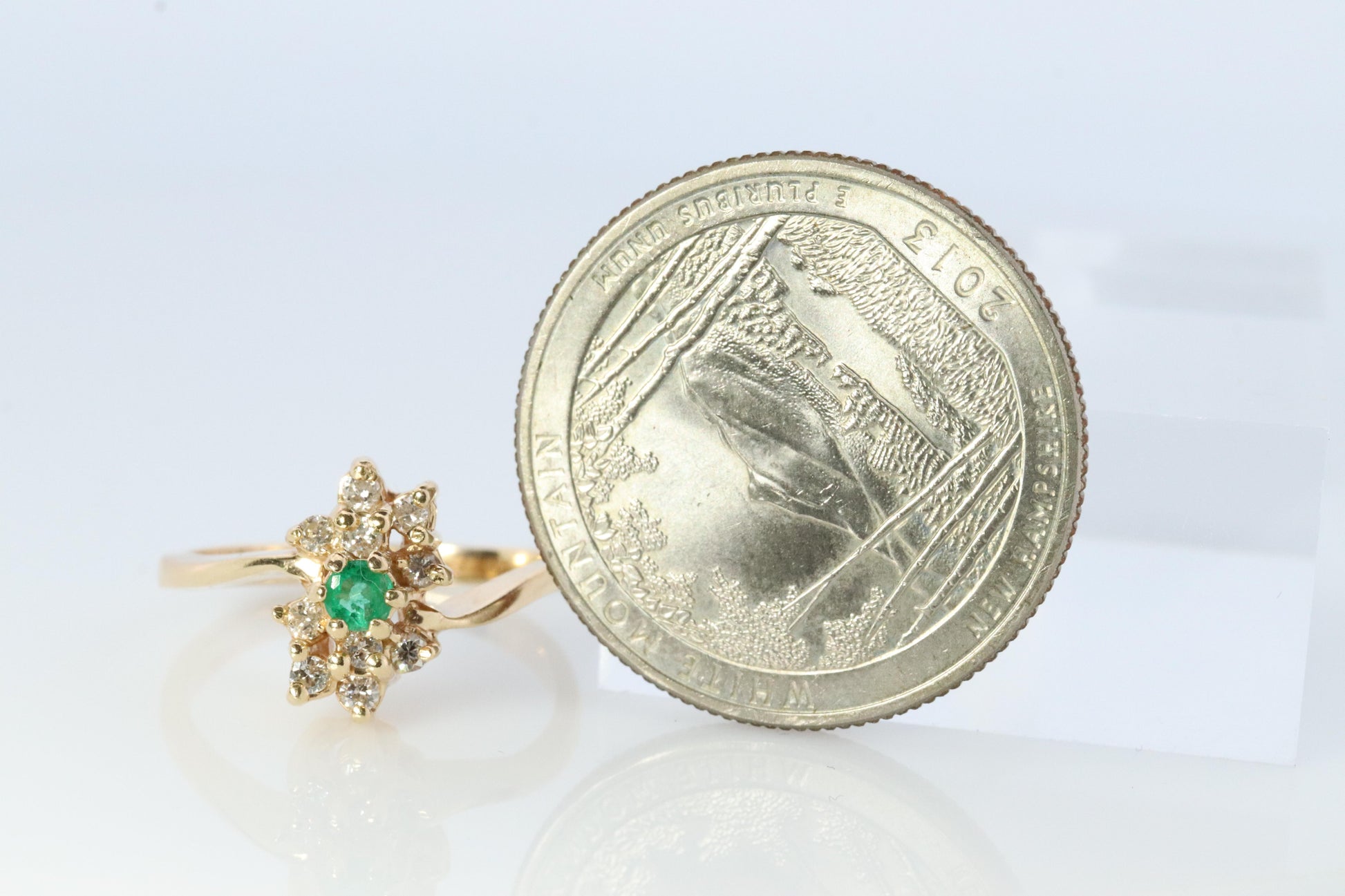 14k Emerald and Diamond Halo yellow gold ring. Emerald and Diamond Cluster ring.
