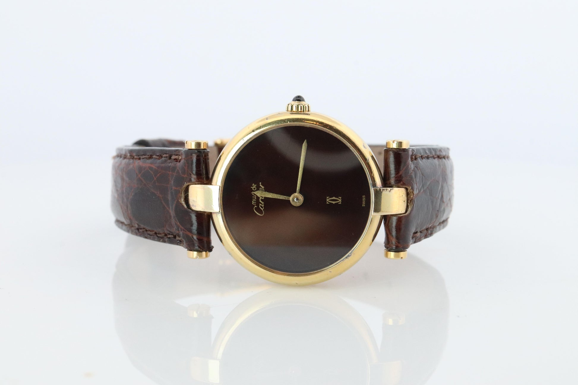 Genuine Cartier Watch. Must de Cartier Vendome Round Argent Vermeil Brown ladies